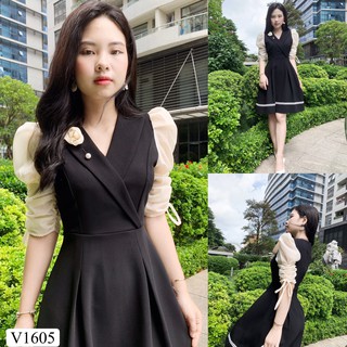 Váy xòe đen tay phối be tặng kèm hoa cài thiết kế
