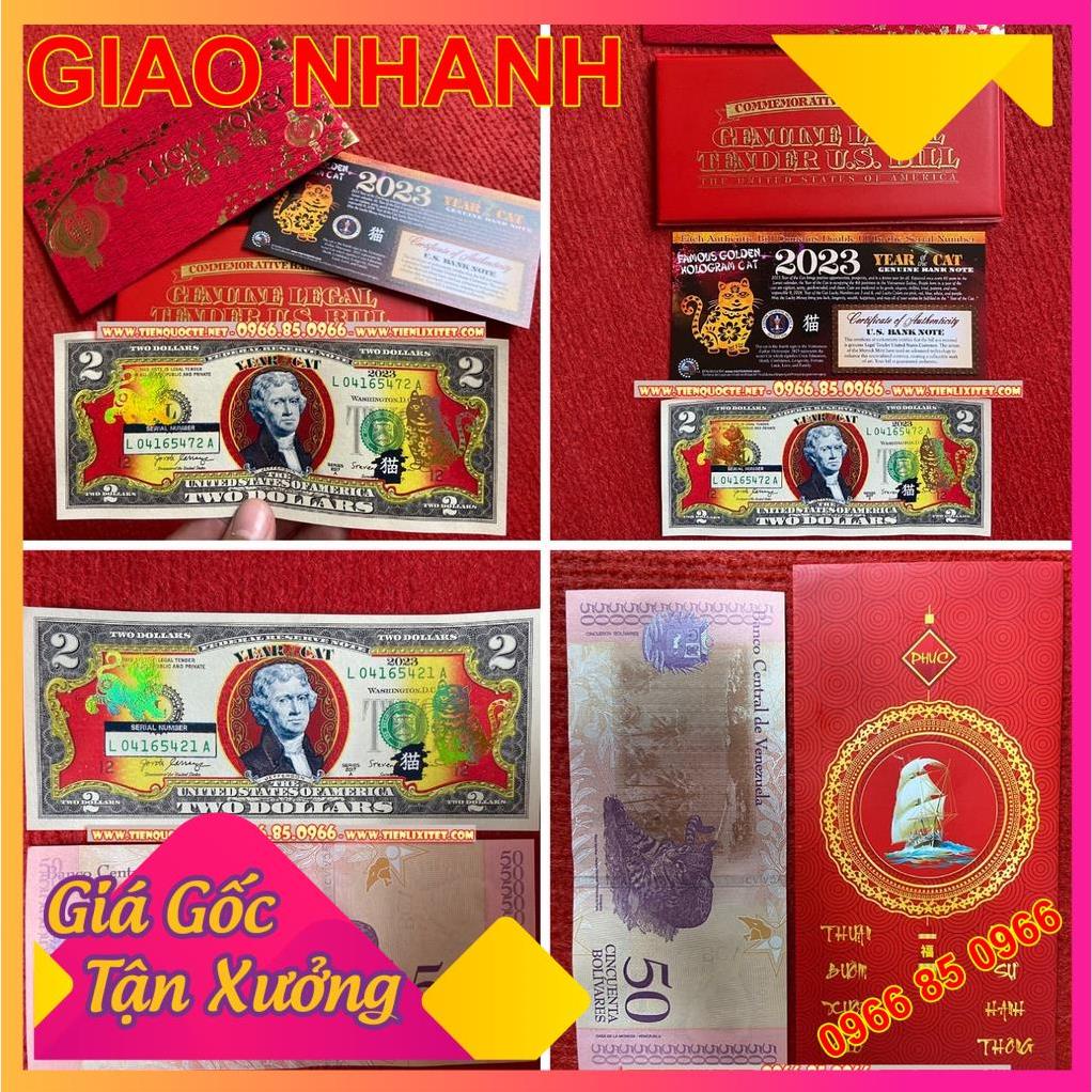 Set 2 loại Tờ 2 Đô USD Hình mèo và.ng của Bộ Tài Chính Mỹ phát hành 2023 cùng với tờ in con mèo Venezuela lưu niệm