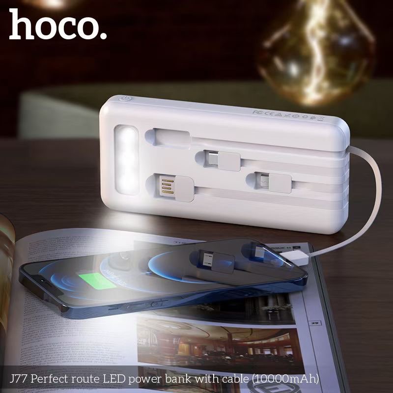 Pin sạc dự phòng đa năng Hoco J77 (10000mAh) đèn LED hiển thị, kèm cáp liền Ligntning, Micro, Type-C - Chính hãng