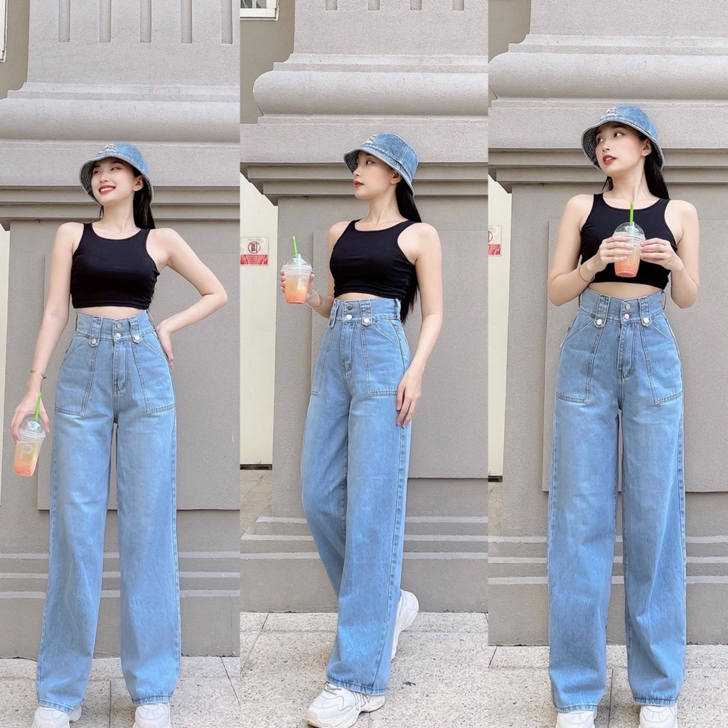 DEAL SỐC_Quần Jeans Nữ Ống Suông 2 Nút Cao Cấp OHS3905