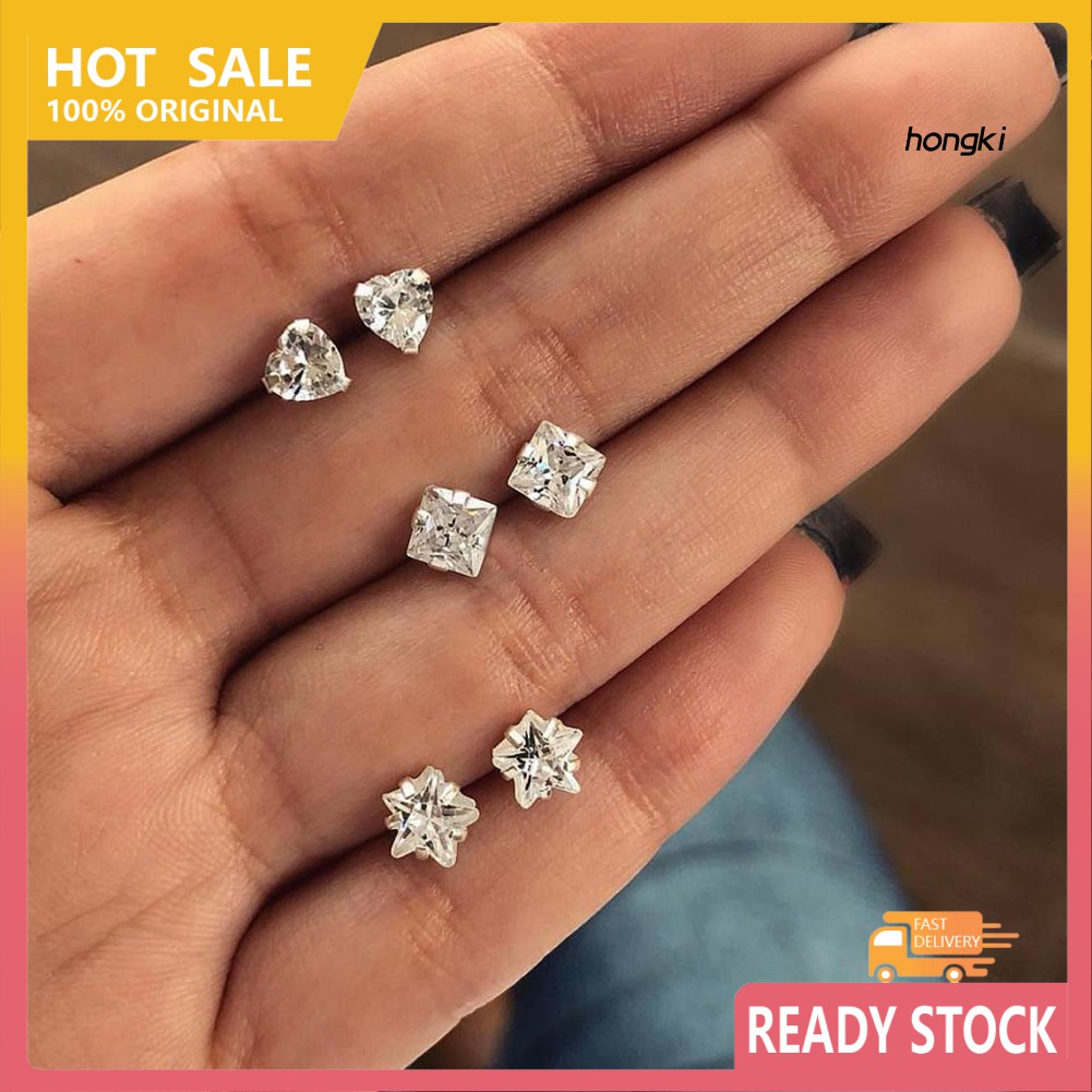 (Hàng Mới Về) Set 3 Đôi Bông Tai Hình Vuông / Ngôi Sao / Trái Tim Đáng Yêu Cho Nữ