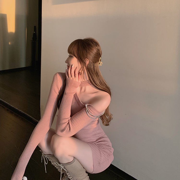 [MURIOKI] Đầm Ôm Dệt Kim Tay Dài Trễ Vai Màu Đen / Hồng Phong Cách Hàn Quốc Quyến Rũ Cho Nữ