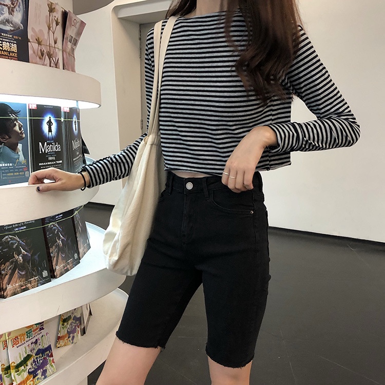 Quần ngố jean nữ lưng cao CHAT cạp cao đen ôm Q41