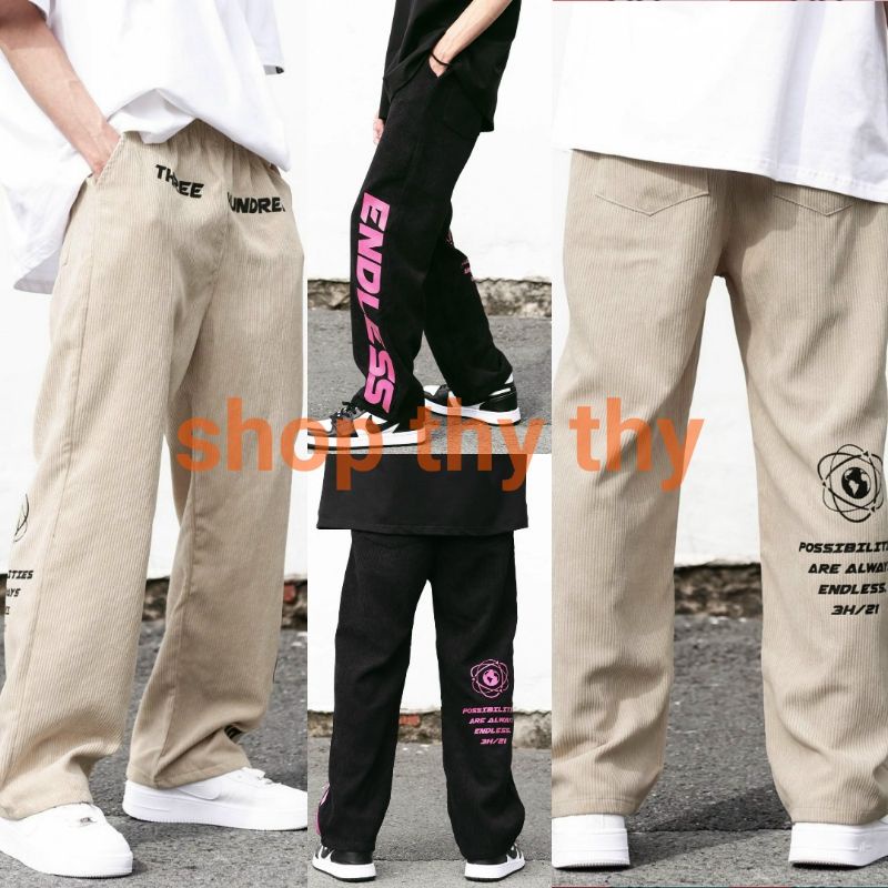 Quần kaki unisex nam nữ form rộng chất nhung gân, ống rộng, có túi in hoạ tiết phối màu phong cách hàn