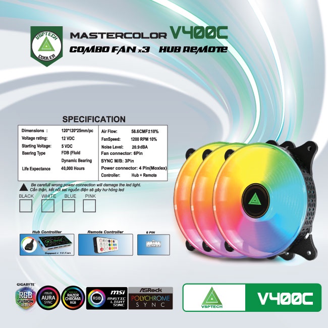 Quạt Tản Nhiệt, Fan Led RGB VSPTECH V400C - Pack 3 Fan Đồng Bộ Hub + Remote - Kèm ốc vít |  FAN CASE 120MM - CHÍNH HÃNG