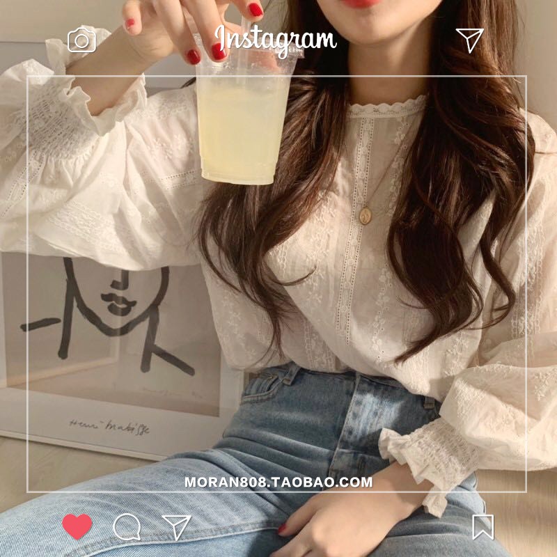 Áo sơ mi ren hoa trắng dài tay MORAN style tiểu thư vintage ngọt ngào