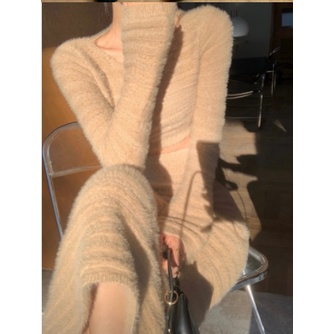 Áo lông chồn / Chân váy lưng cao ôm dáng phong cách cổ điển thời trang dành cho nữ