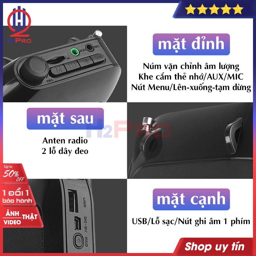 Máy trợ giảng Aporo T9 Plus H2Pro hàng hãng-micro không dây-Bluetooth 5.0-USB-Thẻ nhớ-Đài FM (1 bộ) (tặng mic 169k)