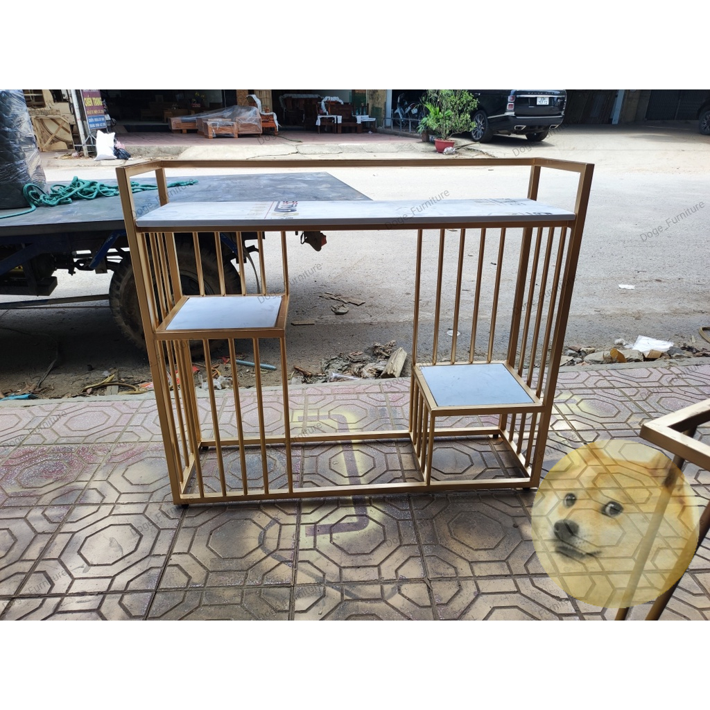Bàn Console mặt đá, kệ bàn hành lang, console kê sát tường khung vuông ba tầng thanh sọc