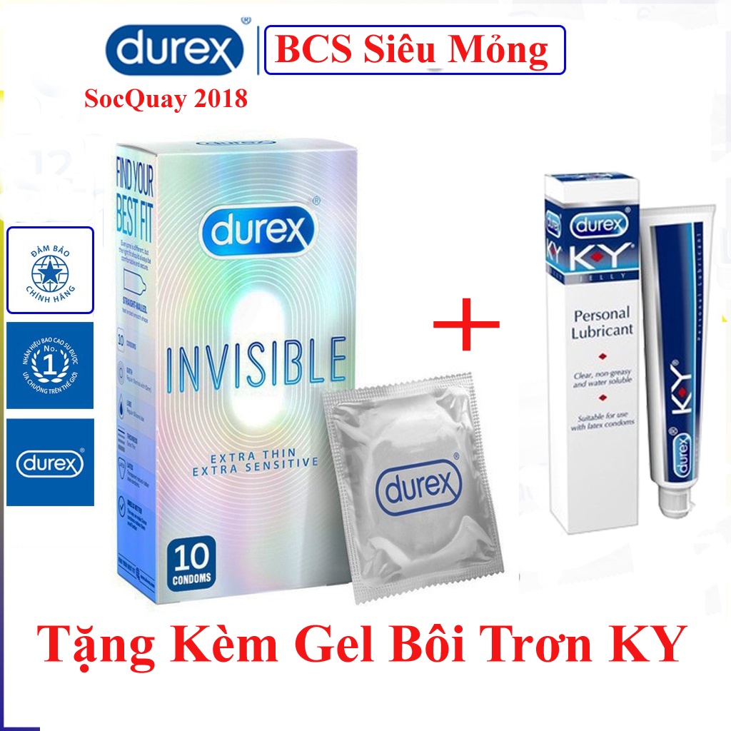 Durex Invisible Extrathin 10 bao cao su siêu mỏng + Tặng kèm Gel KY ( Co che Ten )