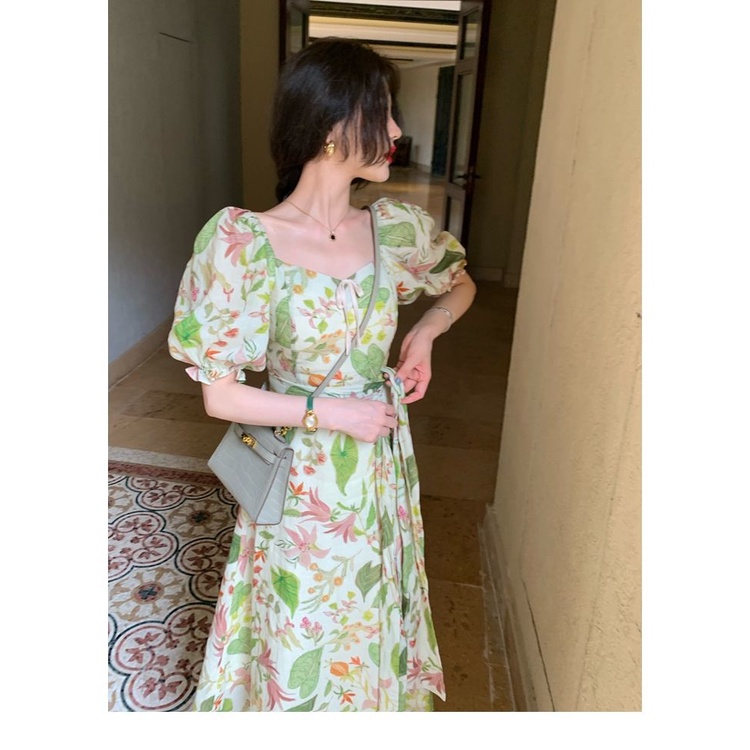 Đầm Dài Tay Phồng In Hoa Thời Trang Hàn Quốc