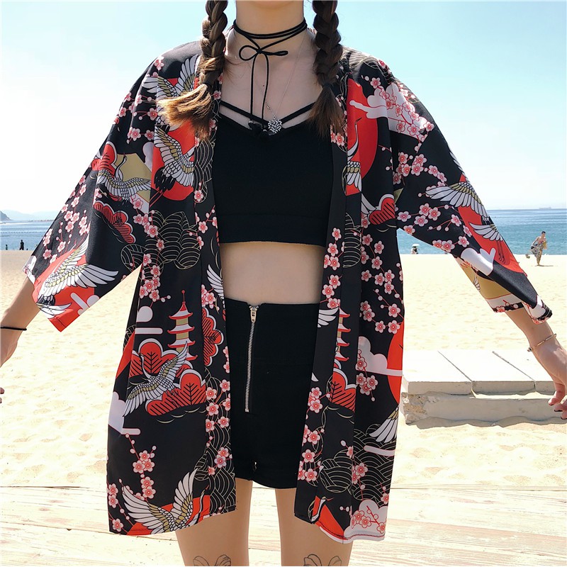 Áo khoác kimono haori happi in hạc và hoa anh đào