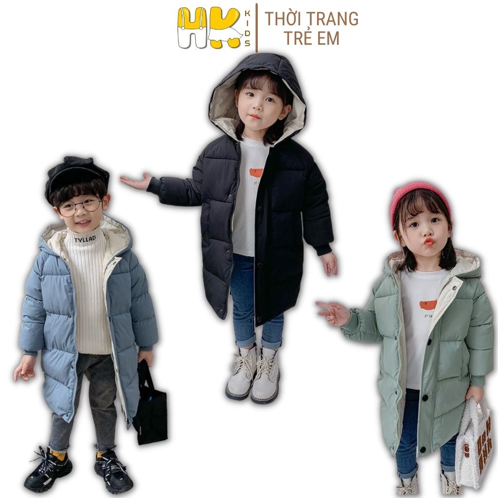 Áo phao cho bé HK KIDS, kiểu áo khoác dáng dài kèm mũ chất liệu siêu nhẹ cho bé từ 3 đến 10 tuổi