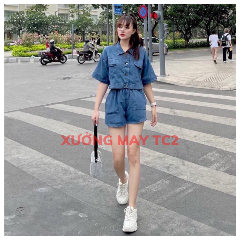 Áo croptop bò kèm quần - sơ mi bò tay ngắn tay về 2 màu ulzzang hàn quốc XƯỞNGMAYTC2