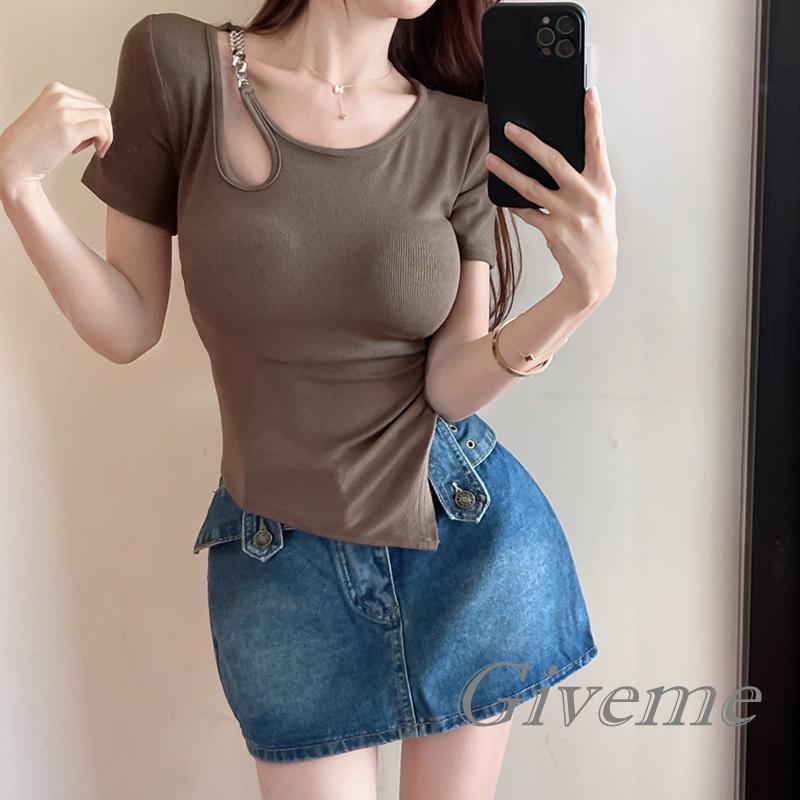 Áo Thun Tay Ngắn Phối Dây Xích Kim Loại Thời Trang Xuân Hè Cho Nữ