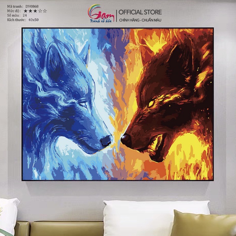 Tranh Tô Màu Theo Số Chó Sói Lửa Và Băng GAM Có Sẵn Đã Căng Khung 40x50cm DV0868