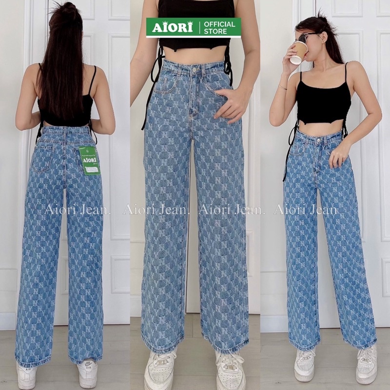 Quần Jean Ống Rộng AIORI Lưng Cao Họa Tiết NY Thời Trang Hàn Quốc_Mã E004