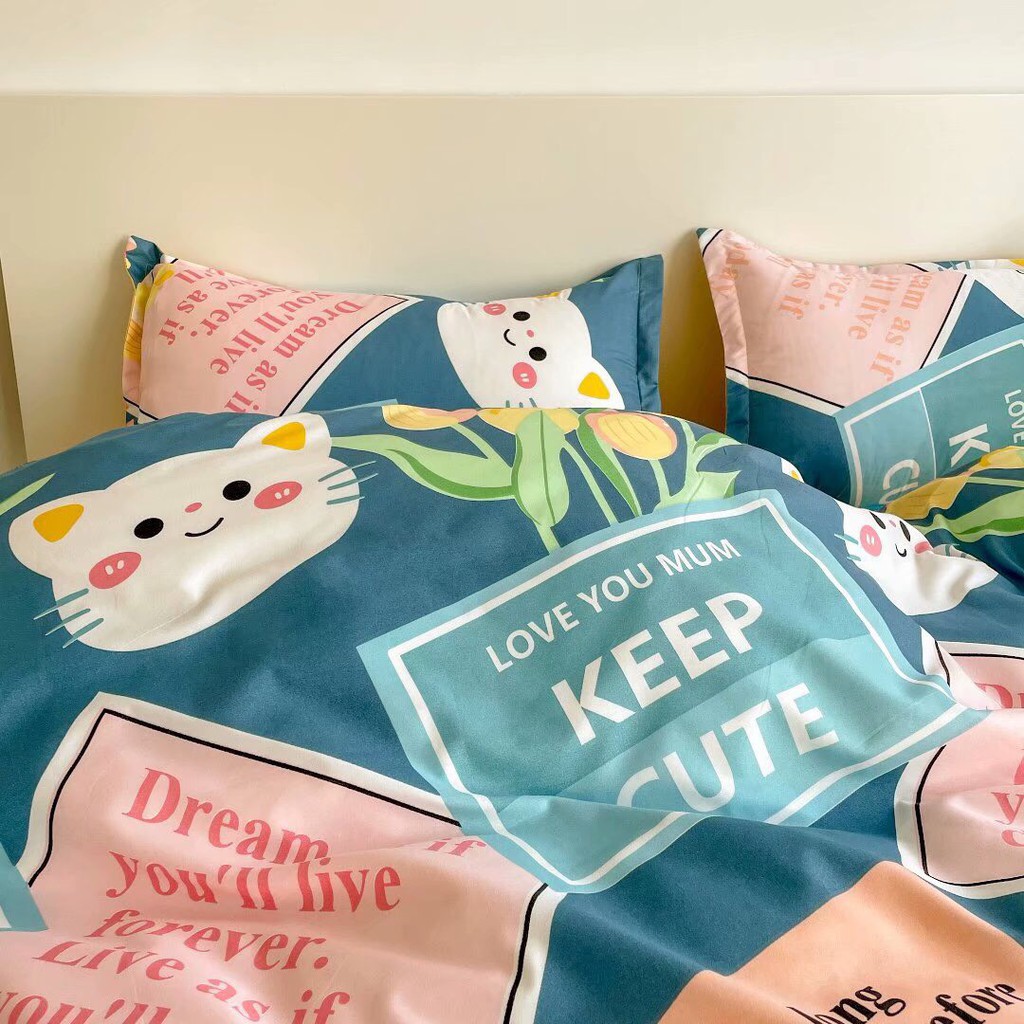 Bộ chăn ga gối Cotton Poly Minh Nhật Mèo hoa, vỏ chăn mền, drap giường và 2 vỏ gối