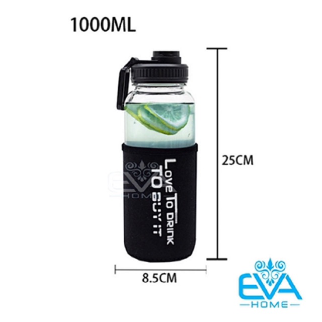 Bình Đựng Nước Thuỷ Tinh Nắp Bật Có Quai Cầm Love To Drink 1000 ML Tặng Kèm Vỏ Bọc Vải Neoprene