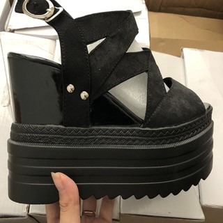 Giày sandal đế xuồng,giày sandal chất da ,đế cao 11cm giày sandan quai ngang, quai gài Màu Đen S114D