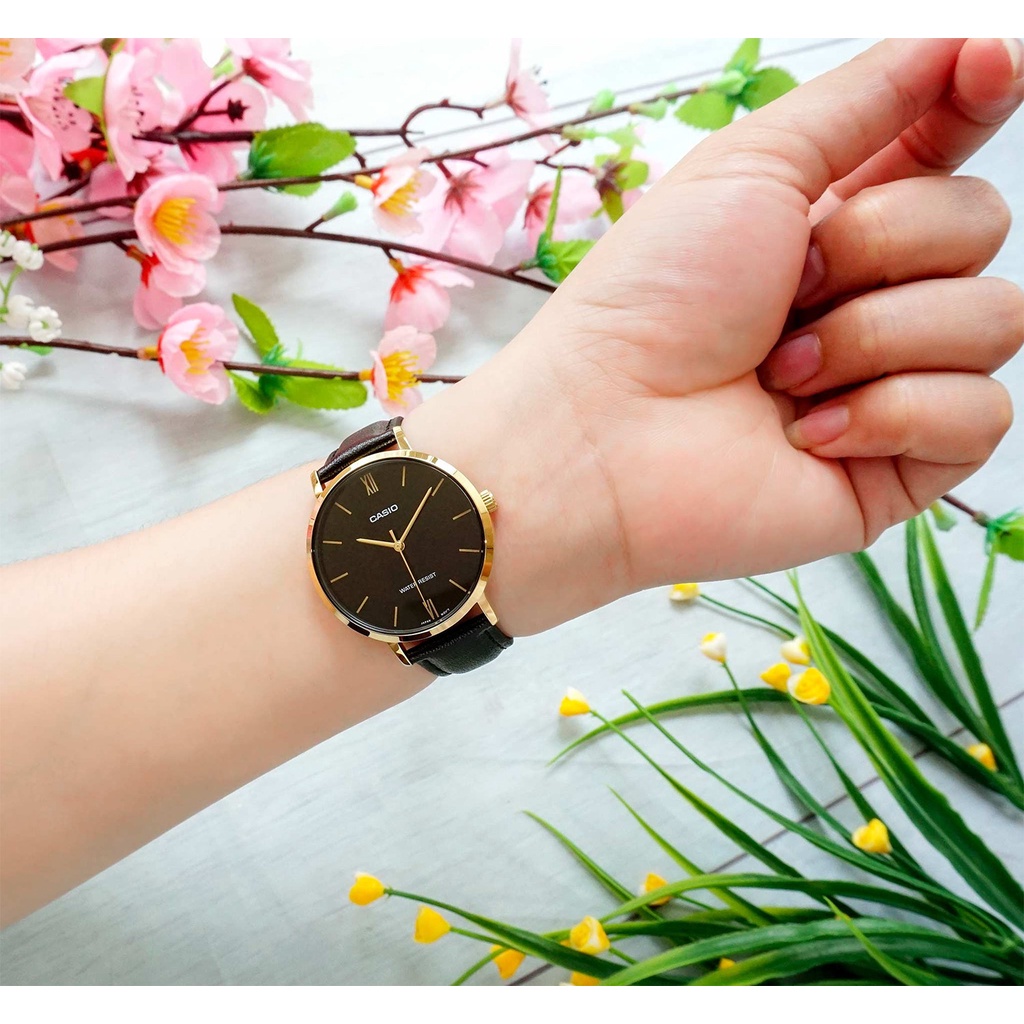 Đồng hồ Nữ Casio LTP-VT01GL-1B, đồng hồ chính hãng, dây da đen mặt đen, viền vàng