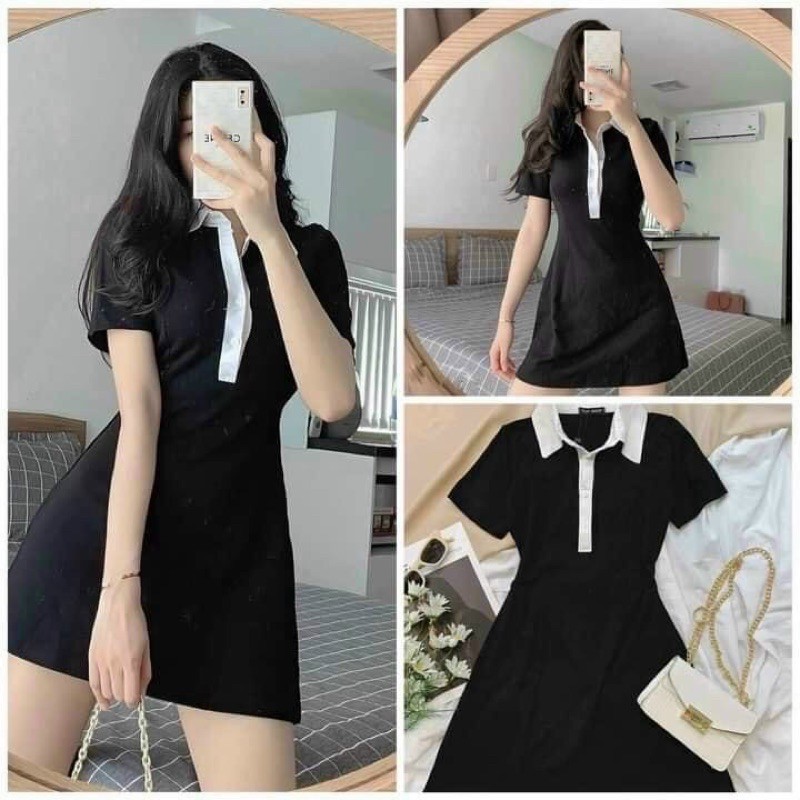 Đầm polo🧚🏻freeship🧚🏻đầm polo phối màu đen trắng fom chữA siêu xinh