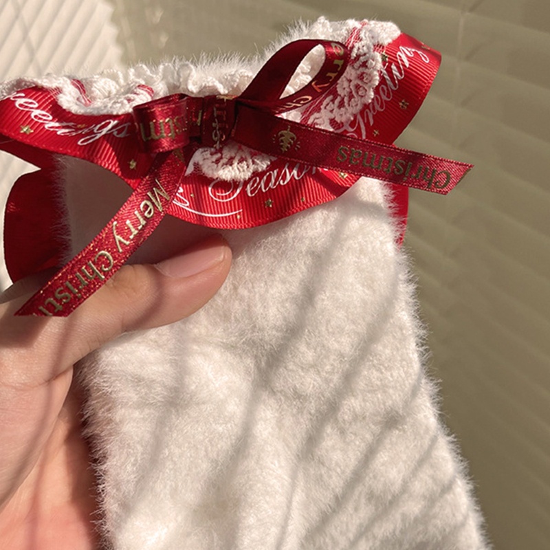 Xiangbao Vớ Ngắn Tới Mắt Cá Chân Phối Ren Ruy Băng Lông Xù Ấm Áp In Chữ Giáng Sinh Cho Nữ