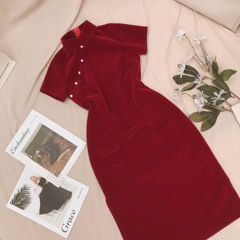 Sườn Xám Nhung Đỏ Đính Hạt Phiên Bản Tết 40-70kg | BigBuy360 - bigbuy360.vn