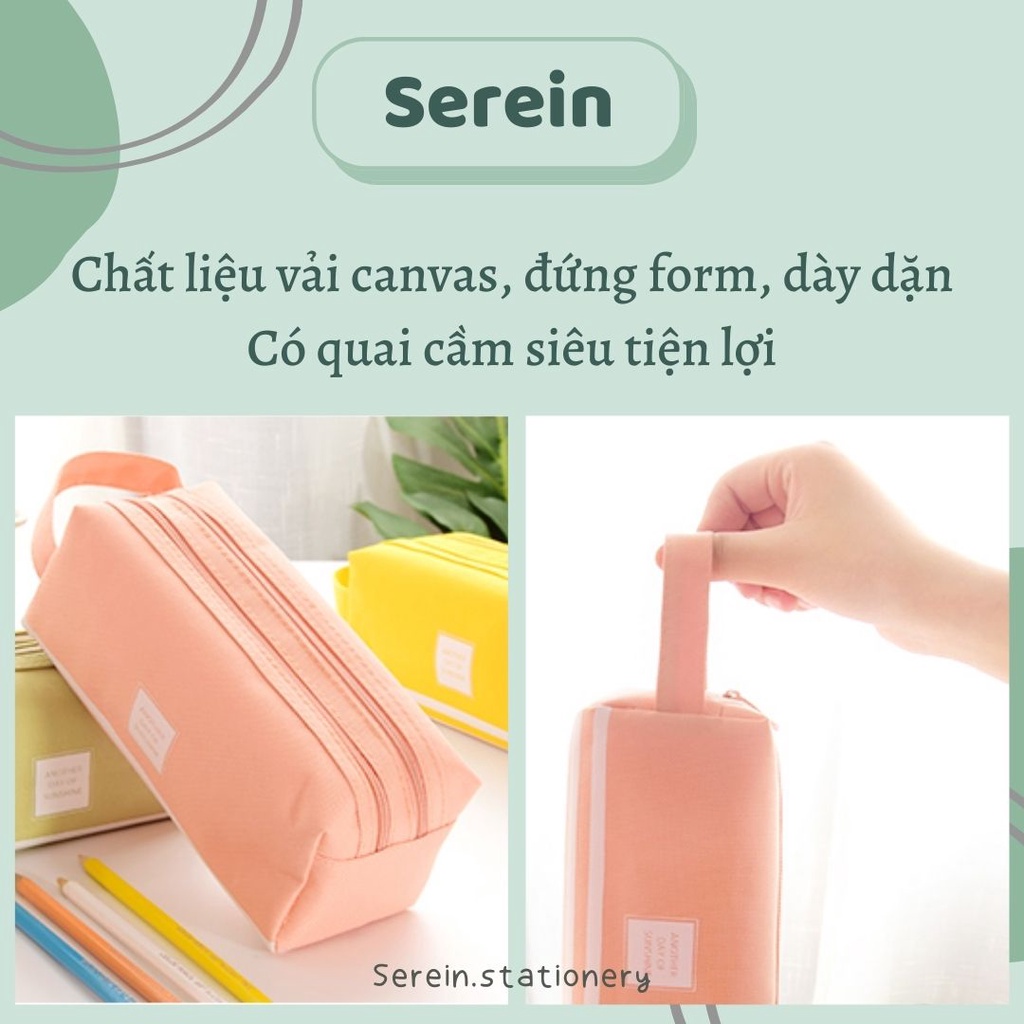 Túi đựng bút vải canvas SEREIN hộp bút to 2 ngăn nhiều màu pastel văn phòng phẩm phong cách Hàn Quốc