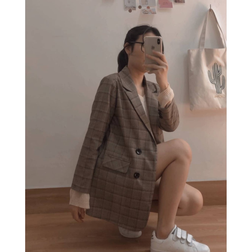 [ẢNH TỰ CHỤP-VIDEO TỰ QUAY] Áo Blaze trơn-kẻ-màu be-hồng nude-kẻ nâu tây-Hàn Quốc | BigBuy360 - bigbuy360.vn