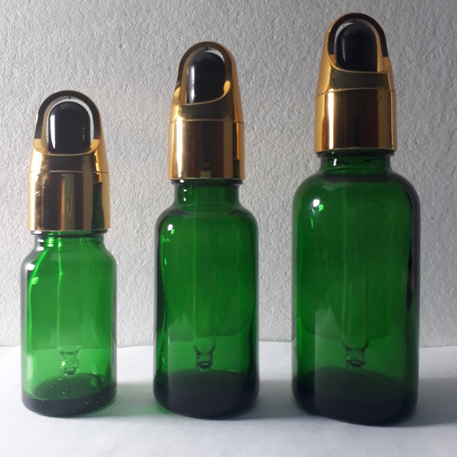 Lọ chiết mỹ phẩm serum thủy tinh màu xanh lá nắp bóp khoét vàng đen