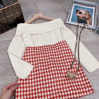 set áo trễ vai chân váy dạ