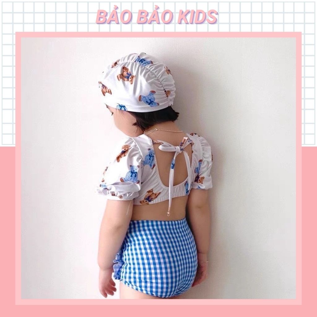 Bộ đồ bơi 2 mảnh bé gái kèm mũ bơi hoạ tiết hình gấu dễ thương (10-20kg)
