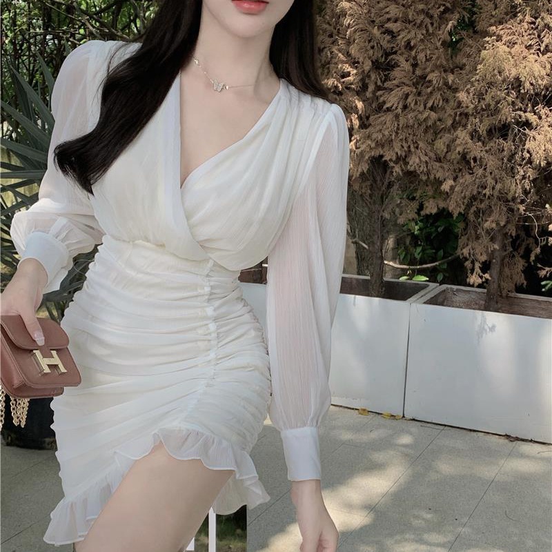 IELGY Đầm Chiffon Trắng Tay Phồng Cổ Chữ V Dáng Ôm Thời Trang Hàn Quốc Cho Nữ