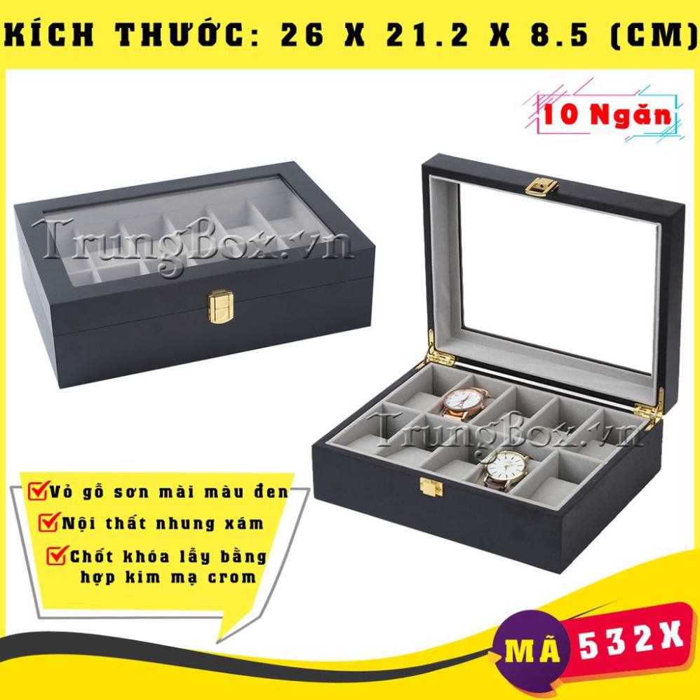 Hộp Đựng Đồng Hồ Nhiều Ngăn Vỏ Gỗ Sơn Mài Đen Cao Cấp