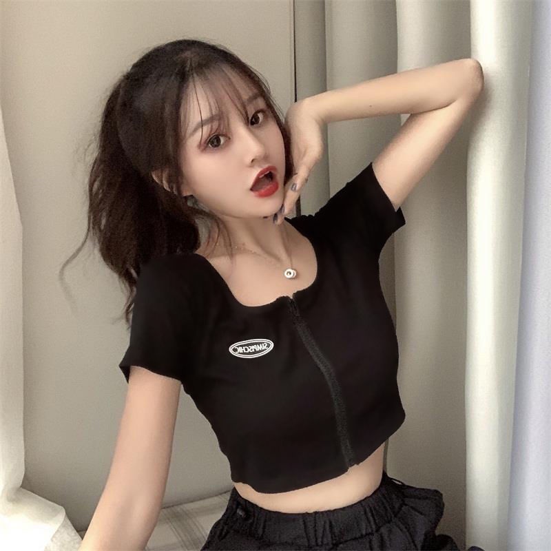 Cropped Top Cotton Pure Short cạp cao Thiết kế cạp cao Cảm giác Rốn qua Internet Người nổi tiếngT-shirt Girl Hot Girl Sexy All-Matchwear Tops Hợp thời trang Cô gái ngọt ngào Phong cách sexy Áo croptop