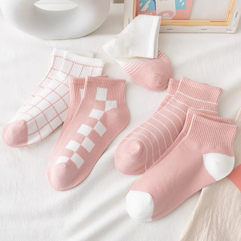 Tất cổ ngắn dành cho nữ phong cách hàn quốc nhẹ nhàng chất liệu thoáng mát, thấm mồ hôi tone hồng trắng