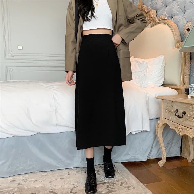 Chân váy midi dài dáng A nhẹ cạp khóa xẻ sau, video ảnh thật- M306