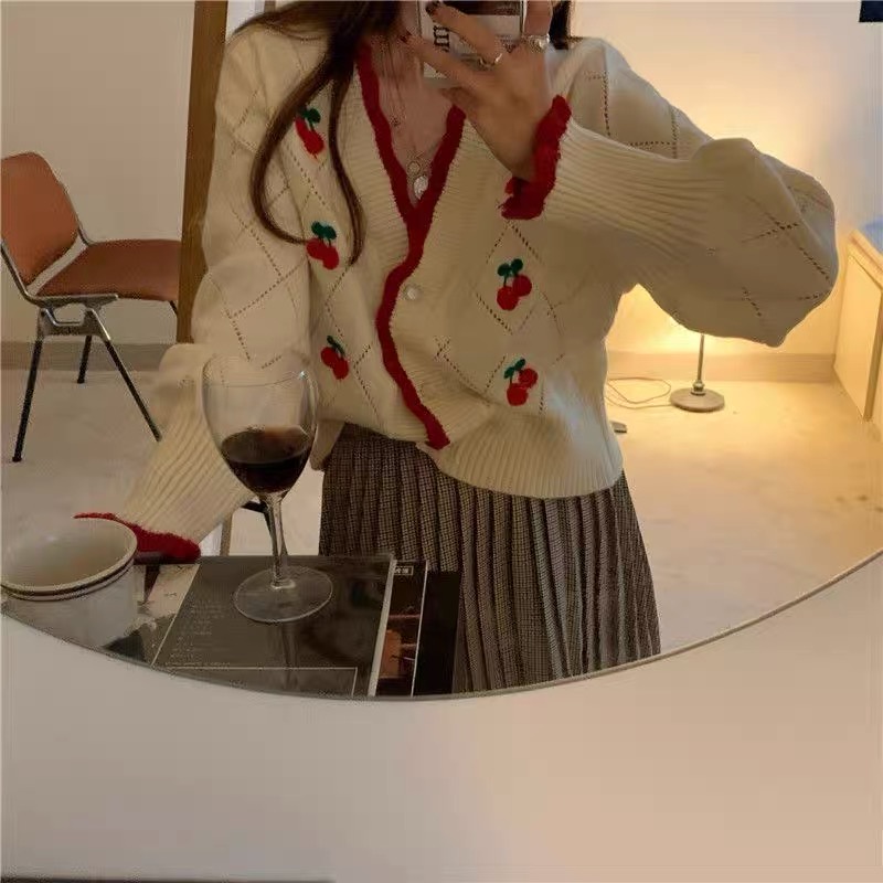 Áo khoác cardigan dệt kim phối ren thêu hình quả anh đào phong cách Hàn Quốc dễ thương