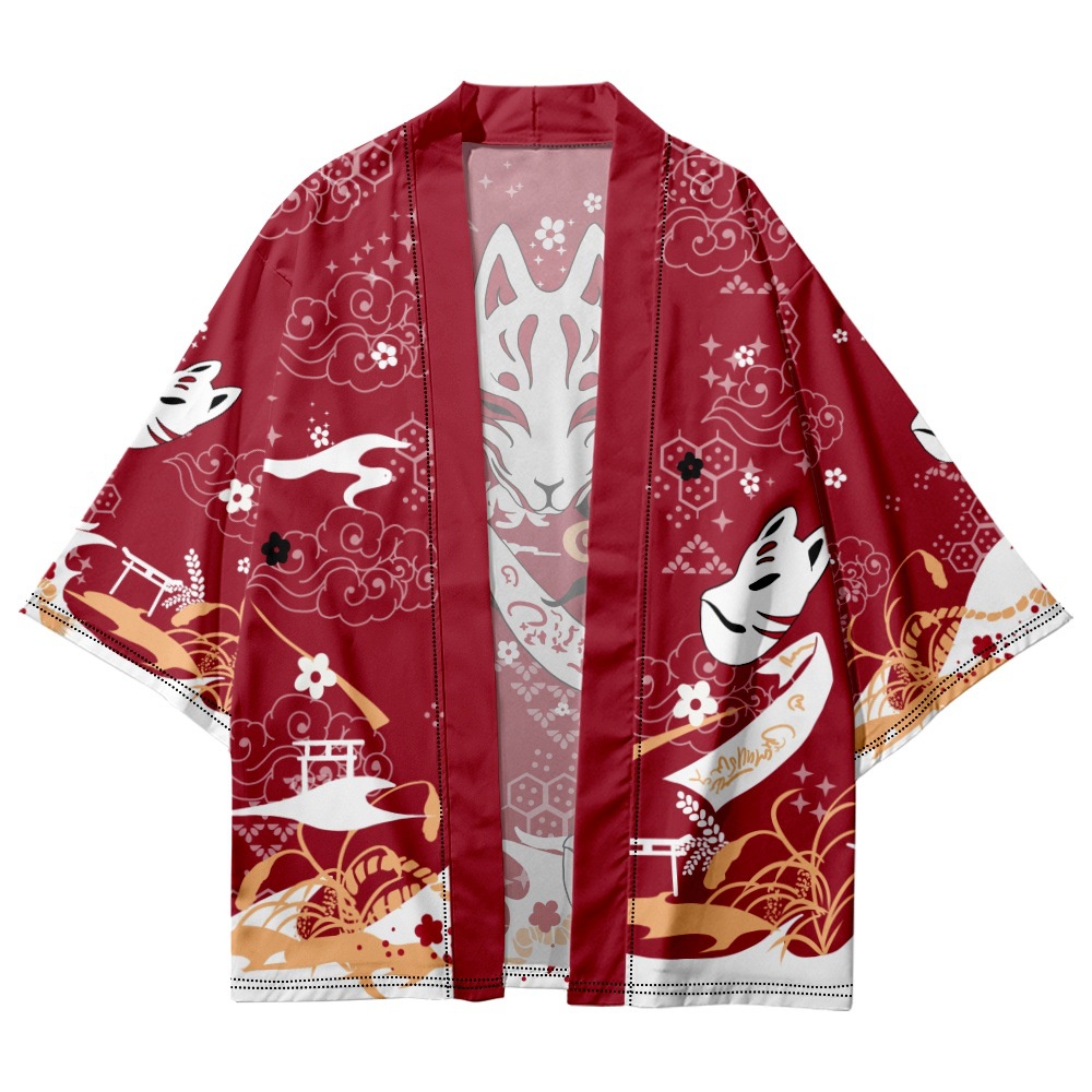 Áo Khoác Kimono Màu Đen In Hình Cáo Phong Cách Truyền Thống Nhật Bản Dành Cho Nam Nữ