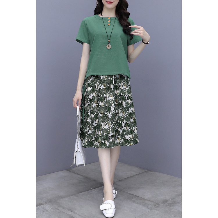 Set áo và chân váy tay ngắn nữ hè vải cotton thô hàng nhập