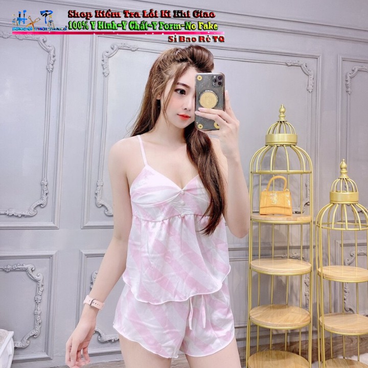 Bộ Đồ Mặc Nhà Mùa Hè 2 Dây Satin Cao Cấp Phối Sọc Siêu Xinh Mẫu Mới hot 2020 -Hàng Có Sẵn- Ảnh Thật Kèm Video