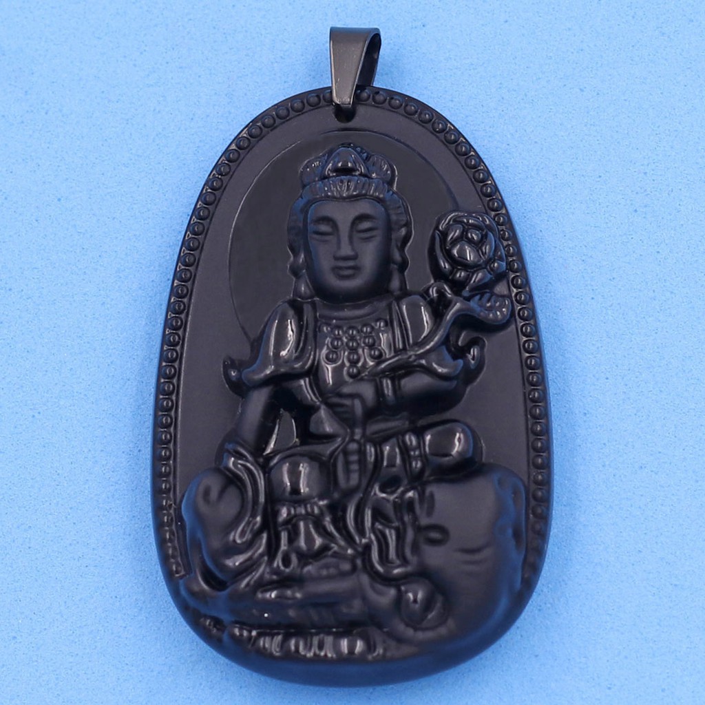 Mặt dây chuyền Bồ Tát Phổ Hiền đá tự nhiên đen 6cm - Phật bản mệnh tuổi Thìn, Tỵ - Mặt size lớn - Tặng kèm móc inox