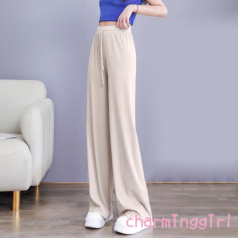 Quần Dài Lưng Cao Ống Rộng Màu Trơn Phối Dây Rút Thời Trang Cho Nữ