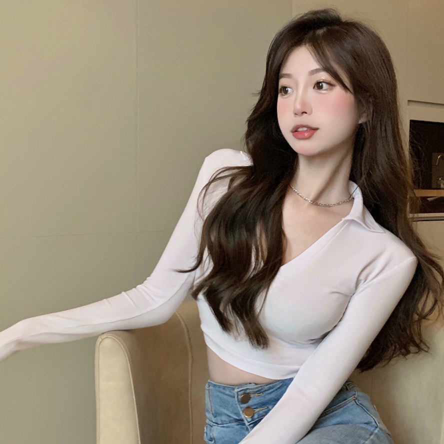 Áo thun COZOK tay dài cổ chữ V màu trơn dáng ôm quyến rũ