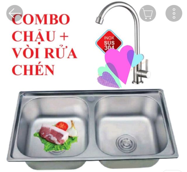 COMBO CHẬU CHÉN +VÒI RỬA CHÉN INOX 304+ DÂY CAP NƯỚC 6 TẤT