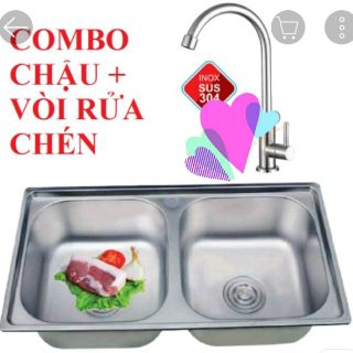 COMBO CHẬU CHÉN +VÒI RỬA CHÉN INOX 304+ DÂY CAP NƯỚC 6 TẤT