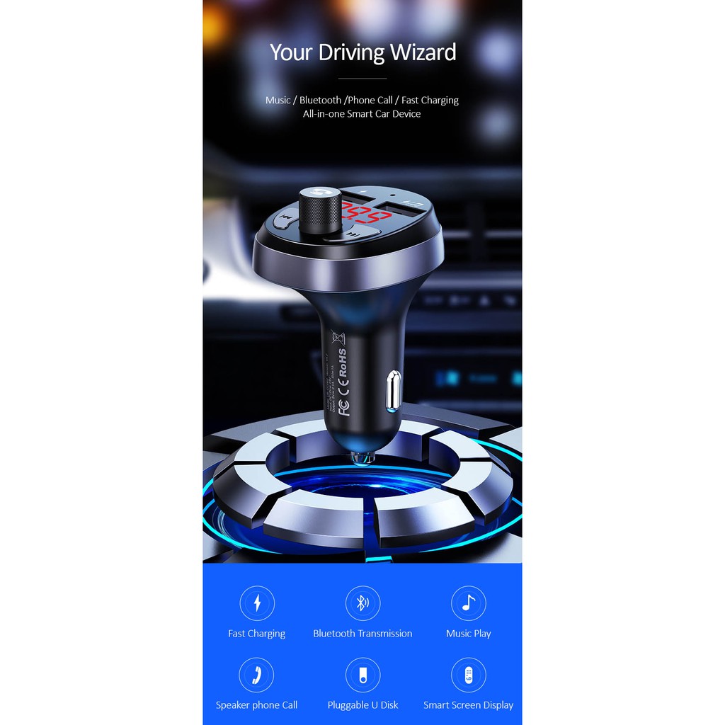 Bộ phát sóng FM tích hợp 2 cổng USB 5V sạc nhanh cho xe hơi USAMS US-CC062 C11 Wireless Car FM Transmitter