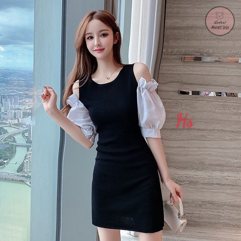 Váy Borip Phối Tay Phồng Hở Vai Kiểu Dáng Tiểu Thư Hai Freesize Màu Đen/Xám