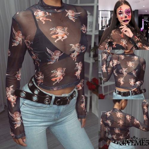 Áo croptop lưới tay dài in hình thiên thần cho nữ